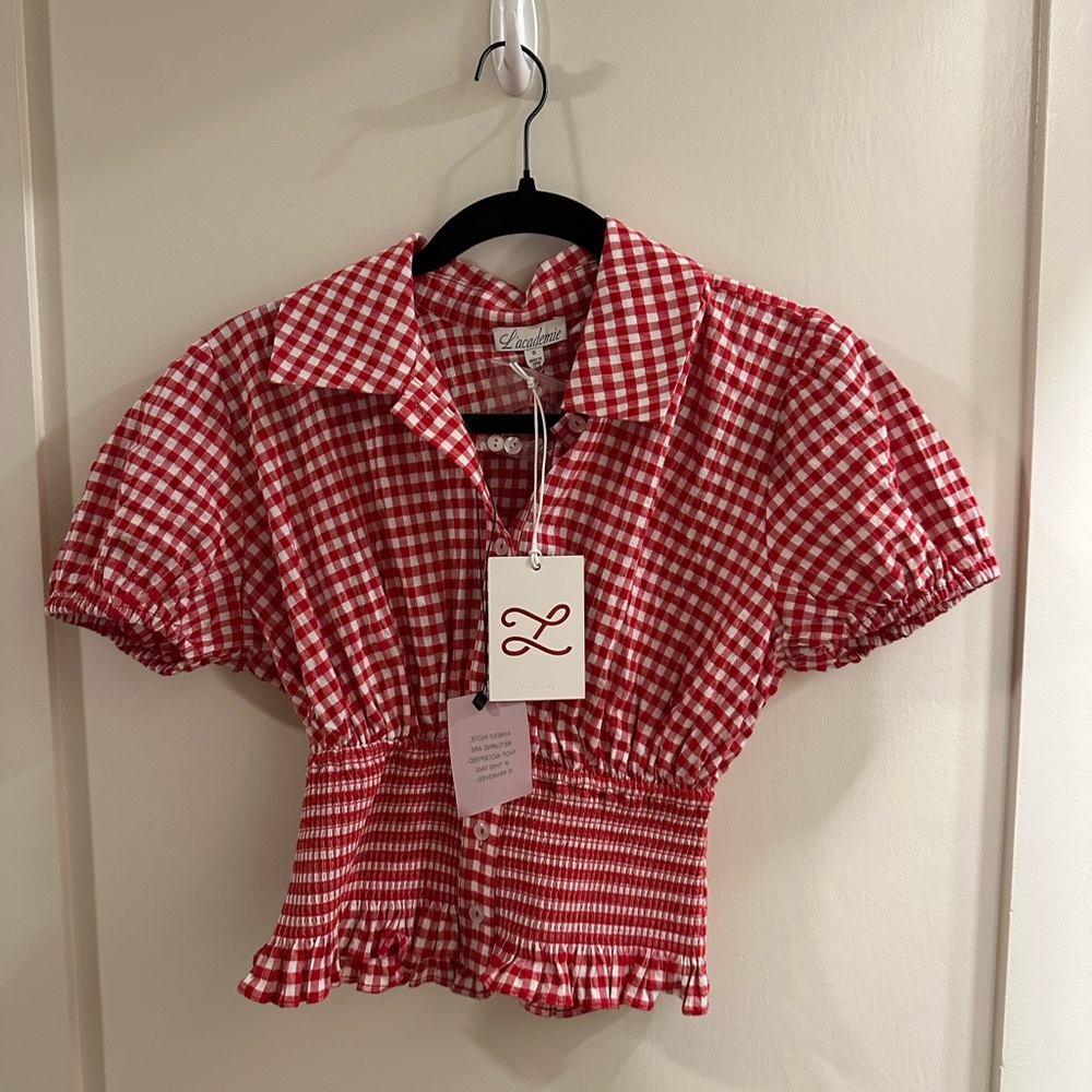 L'Academie Red Checkered Puff Sleeve Blouse
